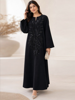 Hafizah Luxe Jalabiya Noire pour Femme, Kaftan, Robe Longue Musulmane, Abaya de Dubaï, Robe de Soirée Arabe, Ornée de Perles et de Paillettes Lourdes