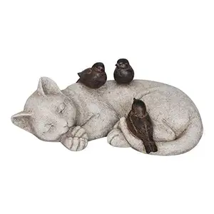 Comfy Hour Loving Memory Collection Garden Accent Decorative Sparrows On Cat Figurine, Polyresin Statue Stone Looking