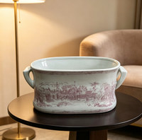Bac en céramique ovale rose style campagne française avec deux poignées, motif Toile de Jouy vintage, en porcelaine, pour table ou comme pot décoratif