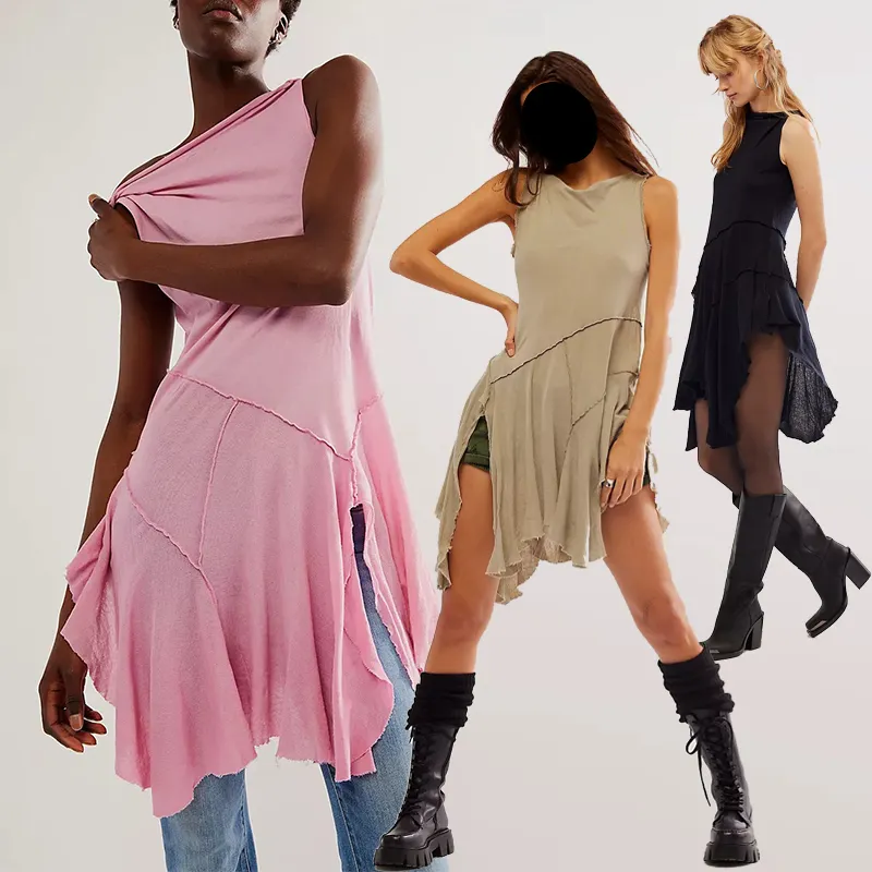 Huili 새로운 패션 듄 미적 황무지 비대칭 헴라인 솔기 탱크 레트로 뉴욕 거리 Y2K 사용자 정의 면 원피스 여성을위한
