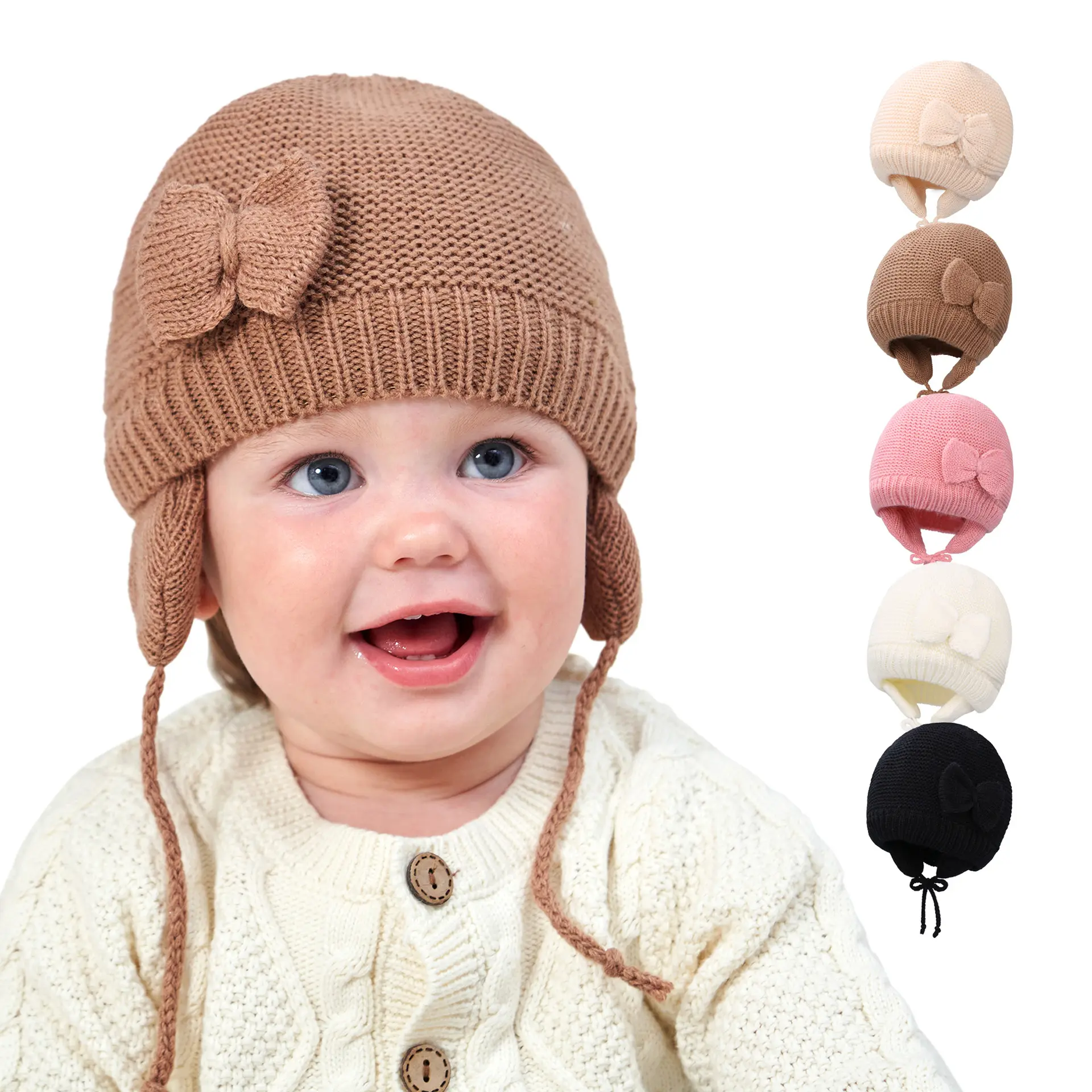 HJH446 neonato bambini ragazze ragazzi berretti berretto addensato caldo protezione dell'orecchio cappello lavorato a maglia carino adorabile papillon cappelli invernali