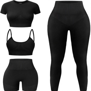 Ensemble de yoga 4 pièces pour femme, noir uni, côtelé, taille haute, sans couture, en spandex et polyester, avec leggings longs et crop top - Product Image 2