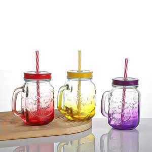 Barattolo di vetro multicolore disponibile con stampa logo di fascia alta 16oz con manico e paglia colorata e coperchio - Product Image 1