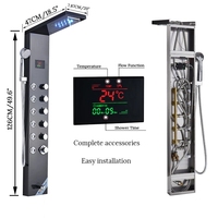 Panneau de douche mural noir avec LED, pommeau de douche pluie et cascade, fonction massage, en acier inoxydable pour salle de bain