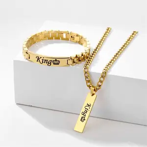 Colar de aço inoxidável para homens, conjunto de joias com pingentes e logotipo personalizado, pulseira de barra longa, corrente de relógio personalizada