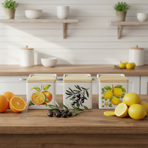Azucarero de Porcelana con Tapa de Bambú, Caja de Almacenamiento Ecológica y Duradera para Cocina, Diseño Limón, Naranja y Oliva - Product Image 3