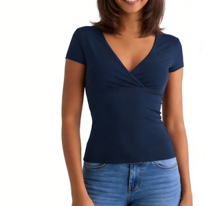 เสื้อคอวีแบบพันด้านหน้าสำหรับผู้หญิง - เสื้อยืดแขนสั้นทรงรัดรูปแฟชั่น - Product Image 5