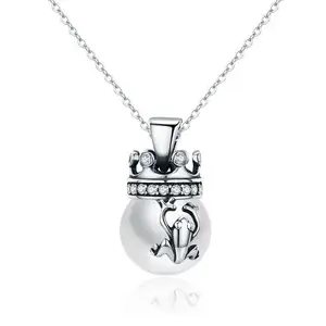 BAGREER SCN198 Fashion 925 Silver Cz Stone Pearl Beads Vintage Crown Prince Frog Pendant Women Girls Necklace Jewelry