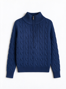 Pull blanc en maille torsadée à col montant et fermeture éclair, à manches longues, pour un usage décontracté - Product Image 6