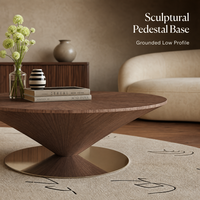 Table basse ronde contemporaine pour salon avec plateau en bois géométrique et base sur piédestal 70 x 70 x 31 cm