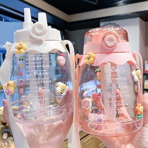 Cute <b>Plastic</b> Water Bottle With <b>Straw</b> Large Capacity Portable For Women Students Sports Use - Product Image 1