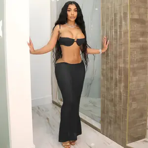 Sexy 2024 New See Through Bra And Skirt 2 Piece Bikini Set Solid Bodycon Hollow Out Tether Sexy Women's Set