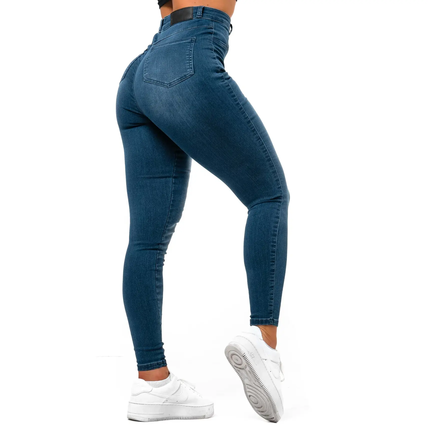 New Trendy Women's High Waist Azure Blue Jeans Stretch Fabric Denim Pants Custom Skinny Zipper Pocket Jeans