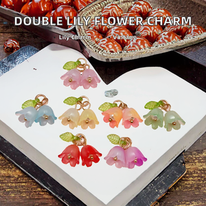 Ciondoli a forma di <span class=keywords><strong>campanula</strong></span> doppia vintage in acrilico placcato oro con foglie verdi, accessori fai da te per gioielli, charm floreali - Product Image 2