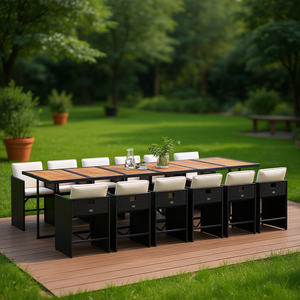 <b>Black</b> Rattan Patio Dining Garden Set Teak Wood <b>Top</b> Contemporary Outdoor Furniture 10+ Seating - Product Image 3