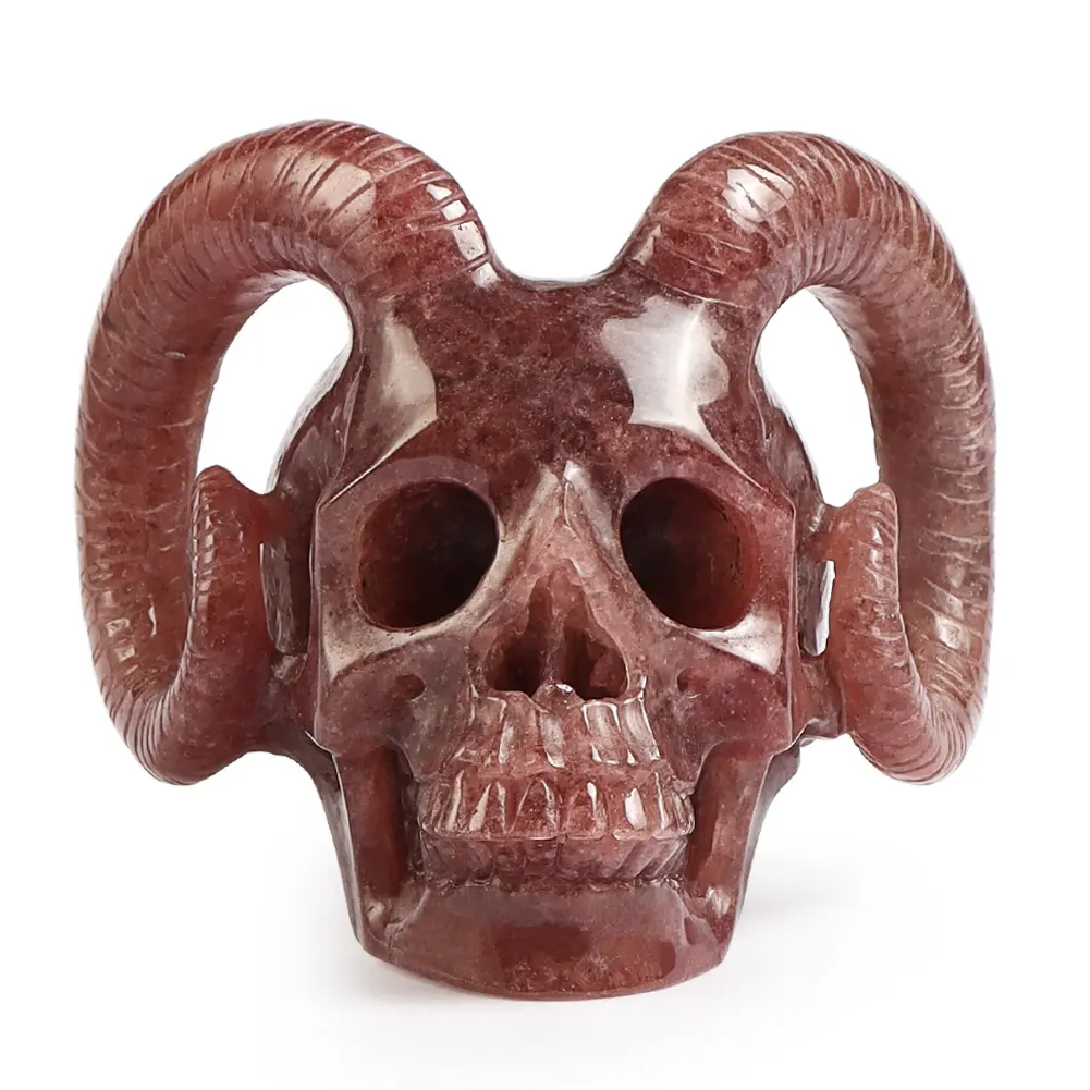 Strawberry quartz cleat skull carved sculpture healing crystal reiki skull for Halloween decoration statue