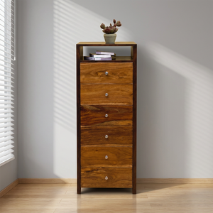 Commode de chambre à coucher T Contrast à 6 tiroirs en teck massif, style moderne du milieu du siècle, avec structure en acier et design autoportant - Product Image 6