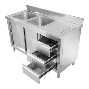 Commercial Double Sink Table with Storage Cabinet, Restaurant Hotel Service Equipment for Catering Use - Product Image 1