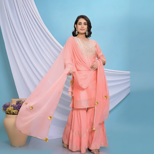 Indien Gharara Designs Chanderi Kurta Pantalon En Coton Et Mousseline De Soie Dupatta Ensemble Rose Couleur Gota Pati Robe Pour Casual & Occasions De Fête - Product Image 1