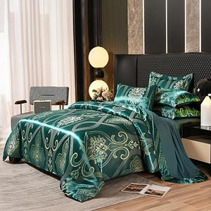 Parure de <span class=keywords><strong>lit</strong></span> 4 pièces en satin de soie jacquard vert, <span class=keywords><strong>prix</strong></span> d'usine, avec housse de couette et 4 taies d'oreiller, style turc, avec fermeture éclair - Product Image 1