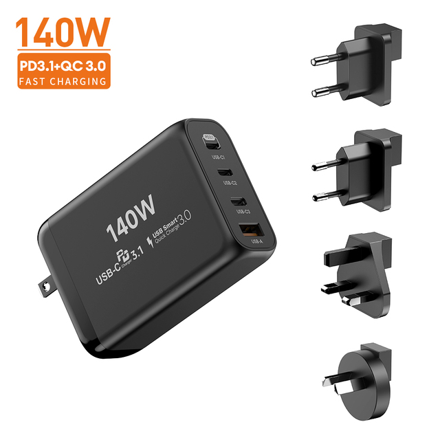 Efficient 140-Watt GaN Tech Power Adapter Smart Foldable US Plug with 3 USB-C 1 USB-A Ports Space-Saving Design Charging Watches
