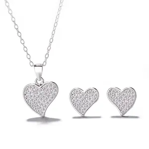 Factory Wholesale 925 Solid Silver Pave Setting CZ Heart Jewelry Set For Girl