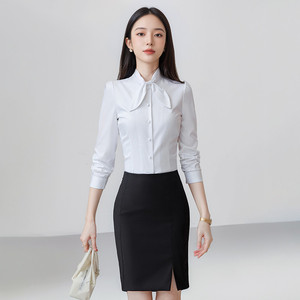 Women's Long Sleeve Shirt Solid Color Bow Tie <b>Work</b> Blouse Polyester Fabric Broadcloth Fit For Office Wear - Product Image 3