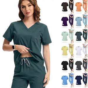 Women V-Neck Scrub Set Cotton Polyester Woven Hospital Uniforms Pants Included Multiple Colors Available - Product Image 1