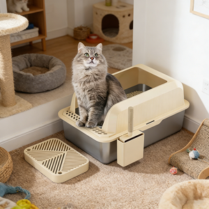 Grand espace en acier inoxydable, bac à litière pour chat, conception semi-fermée avec plateau en métal durable et étanche, facile à nettoyer, accessoire pour animaux de compagnie/ - Product Image 5