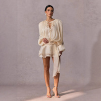 Motif solide élégant été deux pièces robe courte ensemble pour les femmes décontracté irrégulière Mini robe manches bouffantes jupe à volants plaine teint