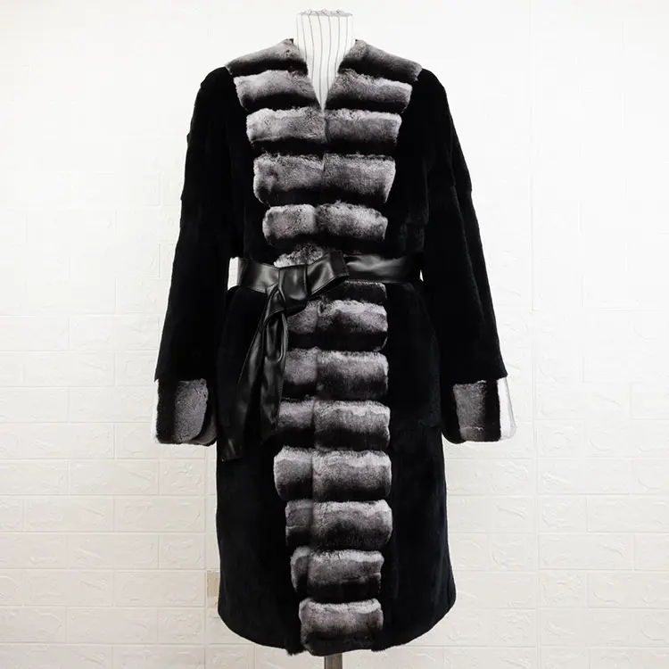 wholesale dyed chinchilla fur coat with belt black color long real rex rabbit fur coat for women