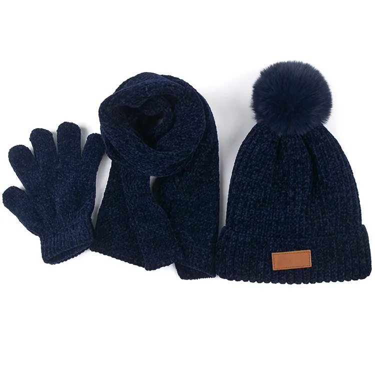 Winter Warm Knit Beanie Hat Cap and Scarf Gloves Fleece Set 2023 Design Kids Boys Girls Children Sports Caps Custom Logo Adult