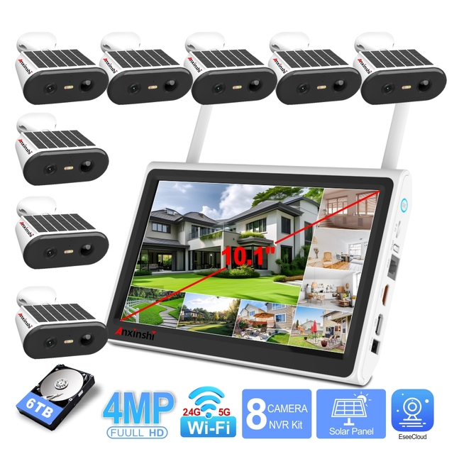8CH Solar Security Camera System Wireless Outdoor with 8 Solar Bullet Camera 8CH Wireless NVR 10.1inch LCD Display