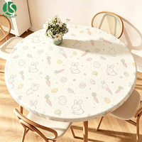 Nappe ronde ajustée en PEVA avec dos en flanelle coupe-vent et antidérapante, motif lapin gris, carotte, rayures pastel, œuf, pour table de Pâques festive
