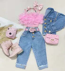 Rarewe Fashion Kids Sleeveless Feather Shirt Denim Jeans Pants 2pcs Baby Girls Outfits Clothing Sets