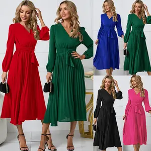 Latest Design Long Lantern Sleeves Pleated Chiffon Dresses Elegant Solid Maxi Dress Ladies Spring Fall Dress With Belt