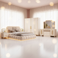 Ensemble de meubles de chambre à coucher king-size moderne et luxueux avec tête de lit capitonnée éclairée par LED, rangement personnalisé, lit 4 pièces et armoire, mobilier de maison