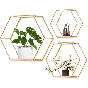 Étagère de rangement octogonale murale en bois et métal doré, pour salon, chambre et salle de bain - Product Image 1