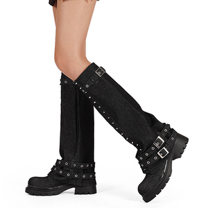 Bottes montantes pour femme à semelle épaisse, personnalisables et amovibles, à lacets, talons carrés, chaussures décontractées en jean, bout rond, décorées de rivets, style escarpins - Product Image 1
