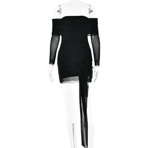Vestido ajustado sin tirantes con fruncido, manga larga, estilo cruzado con lazo, mini vestido de cóctel, colores sólidos verde, amarillo, negro, poliéster, origen Yiwu - Product Image 5