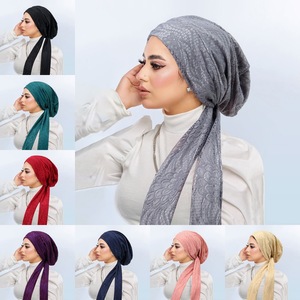 Gorro Turbante <span class=keywords><strong>de</strong></span> Doble Capa con Encaje y Cola Larga para <span class=keywords><strong>Mujer</strong></span>, Pañuelo Elástico <span class=keywords><strong>de</strong></span> Color Sólido y Gorro Interior para Hiyab con Lazos Ajustables - Product Image 2