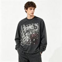 T-shirt à manches longues décontracté surdimensionné noir délavé à col rond avec imprimé graphique Kornit DTG Retro Swirl Late Night