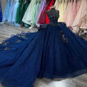 Mumuleoสีน้ําเงินกรมท่าเงาเซ็กซี่ปิดไหล่ลูกปัดAppliquesลูกไม้ชุดบอลQuinceaneraชุดVestidos De 15 ปี