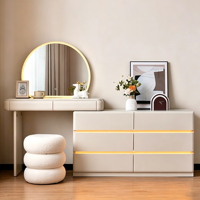 Table de maquillage blanche crémeuse pour la maison, mignonne et élégante, avec miroir LED, en promotion, table de maquillage minimaliste avec rangement