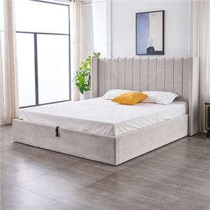 Verticale Strepen Hoge Hoofdeinde Met Vleugels Fluwelen Stof Zacht Slaapkamer Meubels Double Twin Opslag Bed Frame - Product Image 2