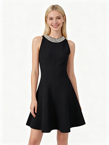 Nuovo Abito da Sera Retrò, Vestito Corto Lavorato a Maglia con Collo all'Americana, Dettagli in Mattoni e Pietre, Vestito da Donna Senza Maniche Slim Fit e Vaporoso - Product Image 4