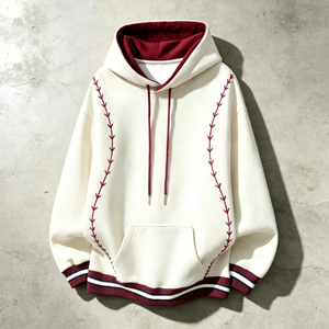 Sweat-shirt à capuche unisexe en coton 100% avec détails de surpiqûres rouges, coupe ample, manches longues, cordon de serrage, style décontracté pour l'automne - Product Image 1