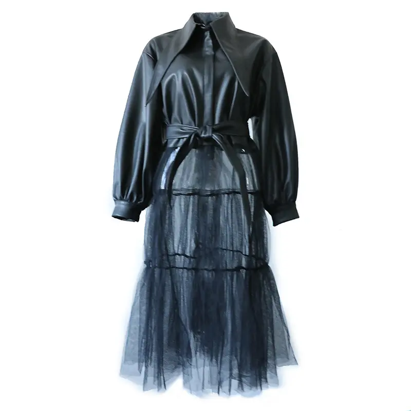 Autumn new fashion temperament long mesh stitching jacket dress PU coat dress leather jacket dress for ladies
