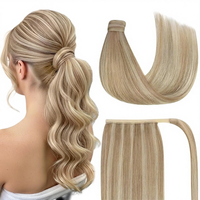Queue de cheval à enrouler en cheveux humains vierges Remy, extensions de cheveux humains à clipser, queue de cheval, blond clair mélangé, toutes les couleurs