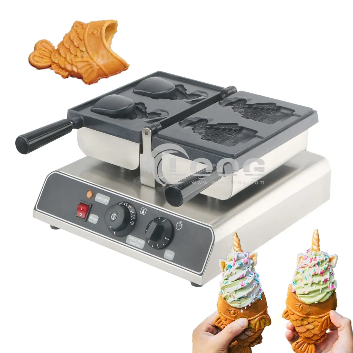 पेशेवर स्टेनलेस स्टील वाणिज्यिक Taiyaki मशीन Nonstick कोटिंग इलेक्ट्रिक 2 खुले मुंह मछली के आकार का वफ़ल शंकु निर्माता